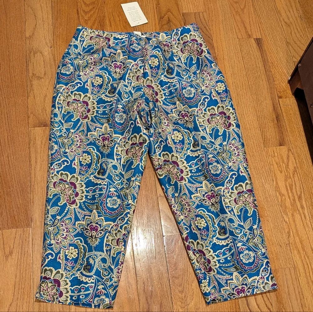 Boho Quiet Luxury Paisley 100% Silk Cropped Pants‎ Nwot Worthington Size 10 Blue
